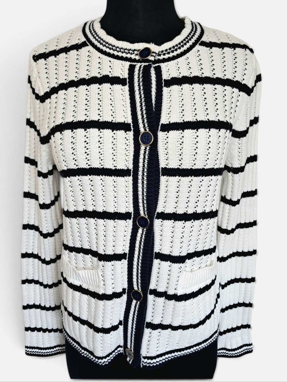 Free Assembly Women's Textured Stitch Striped Cotton Cardigan Navy Blue & White
